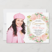 赤面ピンクと金ゴールドフローラキンセアニェラ写真 招待状 (正面)