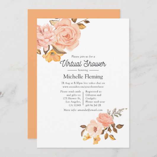 赤面ピンクと金ゴールドフローラバーチャルベビーシャワー 招待状 (正面/裏面)