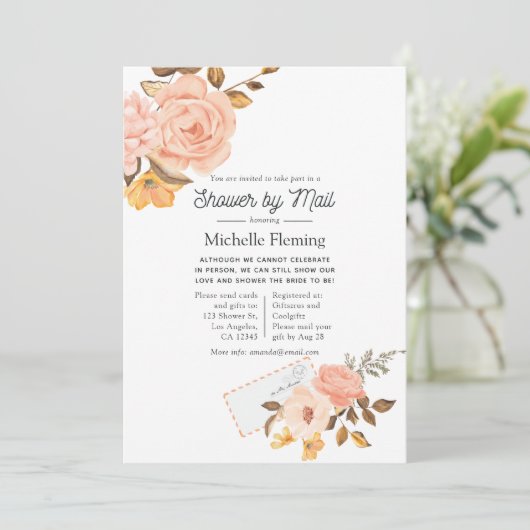 赤面ピンクと金ゴールドフローラブライダルシャワーbyメール 招待状 (スタンド正面)