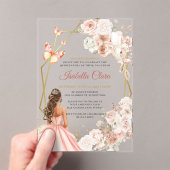 赤面ピンクと金ゴールドフローラプリンセスキンセアニェラ アクリル招待状 (インサイチュ (ポータブル))