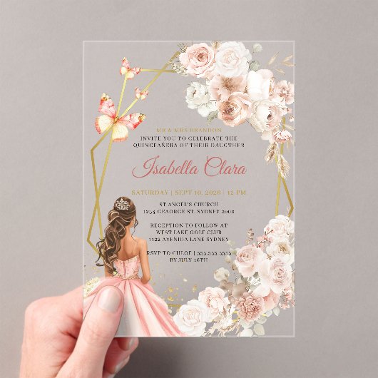 赤面ピンクと金ゴールドフローラプリンセスキンセアニェラ アクリル招待状 (インサイチュ (ポータブル))