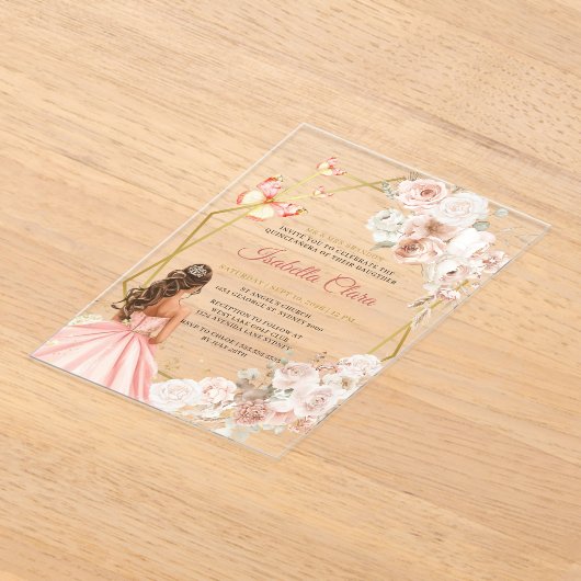 赤面ピンクと金ゴールドフローラプリンセスキンセアニェラ アクリル招待状 (レイダウン)
