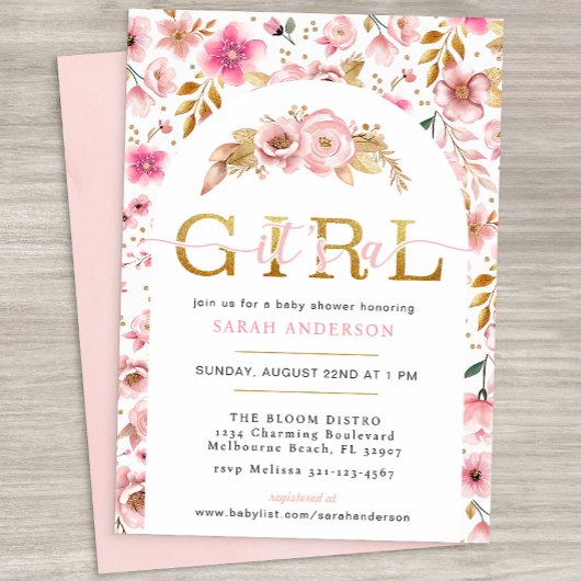 赤面ピンクと金ゴールドフローラベビーガールシャワーインビタ 招待状