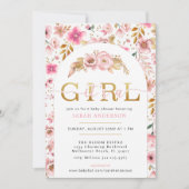 赤面ピンクと金ゴールドフローラベビーガールシャワーインビタ 招待状 (正面)