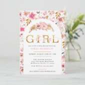 赤面ピンクと金ゴールドフローラベビーガールシャワーインビタ 招待状 (スタンド正面)