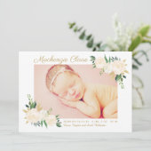 赤面ピンクと金ゴールドフローラベビーガールフォト誕生 案内状 (スタンド正面)