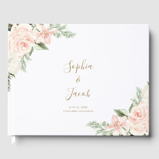 赤面ピンクと金ゴールドフローラボタニッ結婚クス ゲストブック (正面)