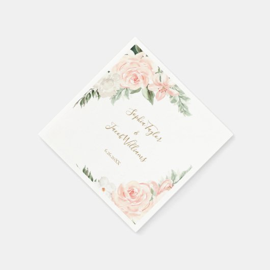 赤面ピンクと金ゴールドフローラボタニッ結婚クス スタンダードカクテルナプキン (角)