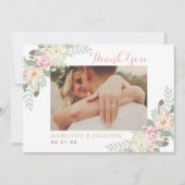赤面ピンクと金ゴールドフローラボホ結婚さんの写真 サンキューカード (正面)