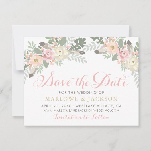 赤面ピンクと金ゴールドフローラボホ結婚さんの写真 セーブザデート (正面)