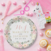 赤面ピンクと金ゴールドフローラボホ結婚のモノグラム ペーパープレート (パーティー)