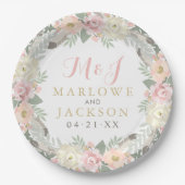 赤面ピンクと金ゴールドフローラボホ結婚のモノグラム ペーパープレート (正面)