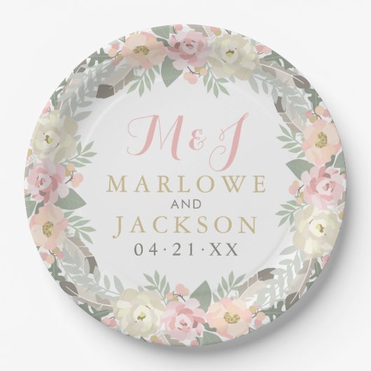 赤面ピンクと金ゴールドフローラボホ結婚のモノグラム ペーパープレート (正面)