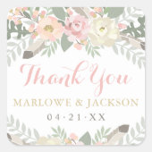 赤面ピンクと金ゴールドフローラボホ結婚の感謝 スクエアシール (正面)