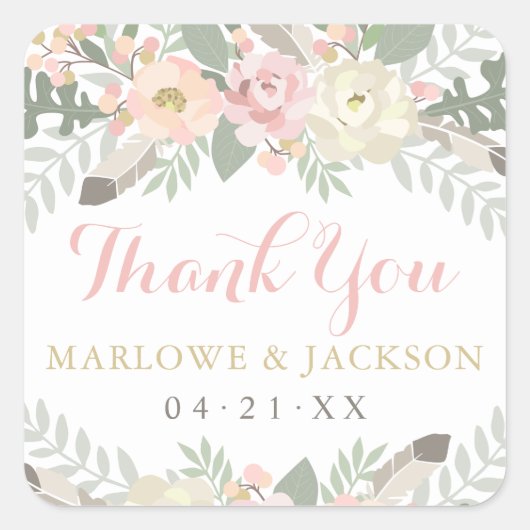 赤面ピンクと金ゴールドフローラボホ結婚の感謝 スクエアシール (正面)