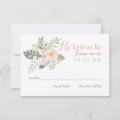 赤面ピンクと金ゴールドフローラボホ結婚ズ 出欠カード (正面)