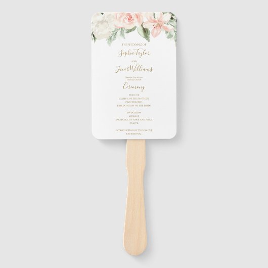 赤面ピンクと金ゴールドフローラボー結婚式 プログラム ハンドファン (正面)