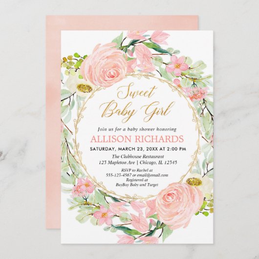 赤面ピンクと金ゴールドフローラ女の子の赤ちゃんシャワー 招待状 (正面/裏面)