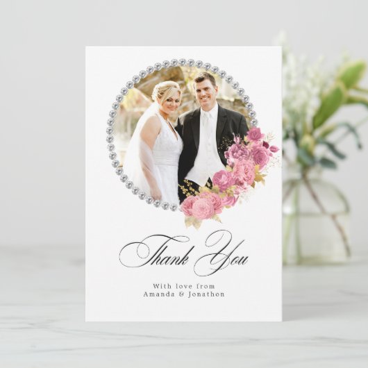 赤面ピンクと金ゴールドフローラ結婚ダイヤモンド サンキューカード (スタンド正面)