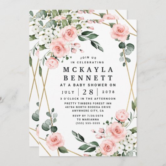 赤面ピンクと金ゴールドフローラ緑ベビーシャワー 招待状 (正面/裏面)