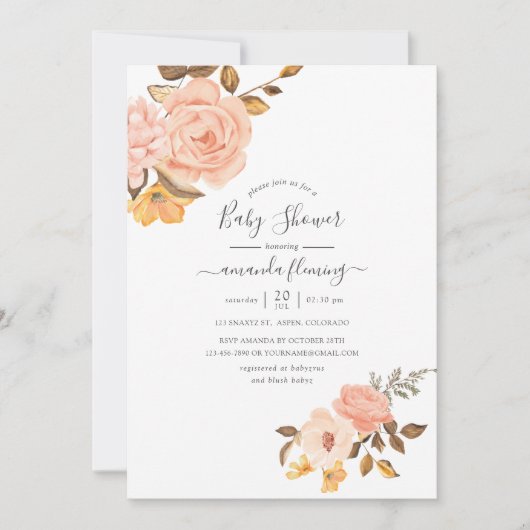 赤面ピンクと金ゴールドフローラ赤ちゃんシャワー 招待状 (正面)