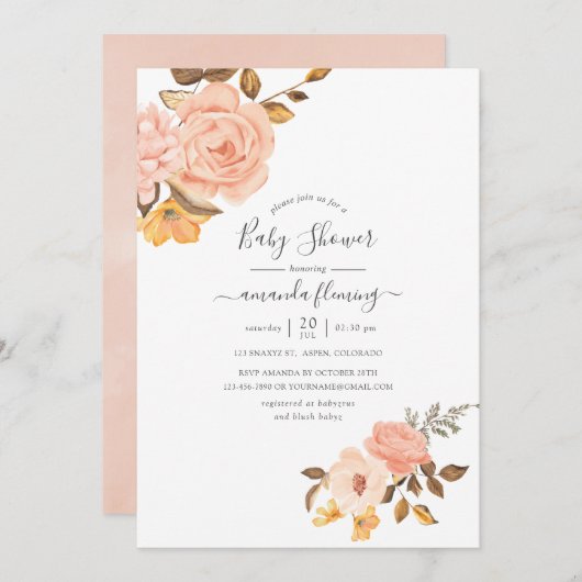 赤面ピンクと金ゴールドフローラ赤ちゃんシャワー 招待状 (正面/裏面)