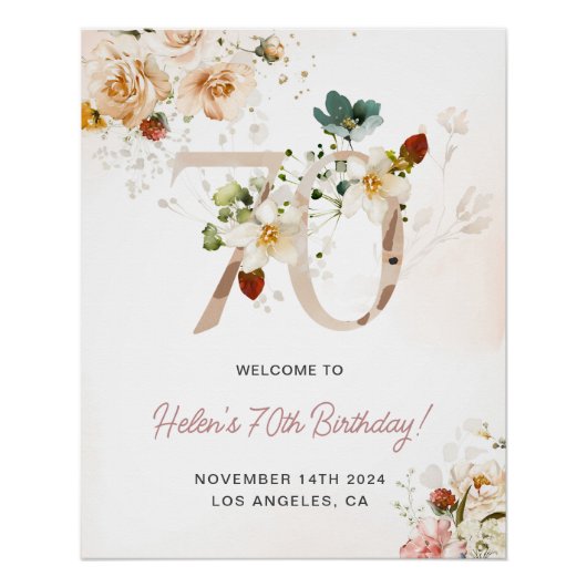 赤面ピンクと金ゴールドフローラ70th誕生日へようこそ ポスター (正面)