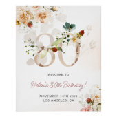 赤面ピンクと金ゴールドフローラ80th誕生日へようこそ ポスター (正面)