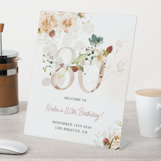 赤面ピンクと金ゴールドフローラ80th誕生日へようこそ 台座サイン (インサイチュ)