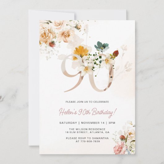 赤面ピンクと金ゴールドフローラ90番目の誕生日招待状 招待状 (正面)