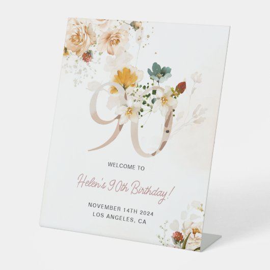 赤面ピンクと金ゴールドフローラ90th誕生日へようこそ 台座サイン (正面)