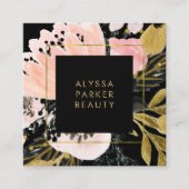 赤面ピンクと金ゴールドフローラ(黒) スクエア名刺 (正面)