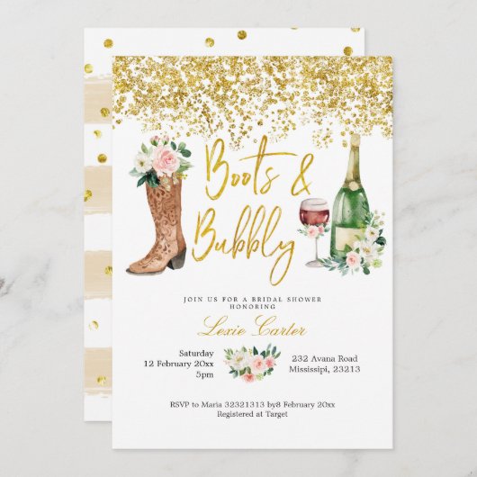 赤面ピンクと金ゴールドブーツとバブリーブライダルシャワー 招待状 (正面/裏面)