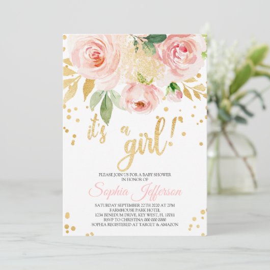 赤面ピンクと金ゴールドベビーシャワー招待状 招待状 (スタンド正面)