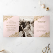 赤面ピンクと金ゴールドレ結婚ースの写真 三つ折り招待状 (内部)
