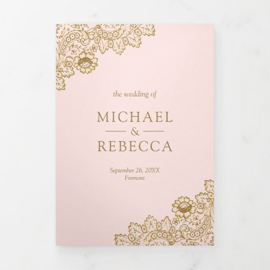 赤面ピンクと金ゴールドレ結婚ースの写真 三つ折り招待状 (カバー)