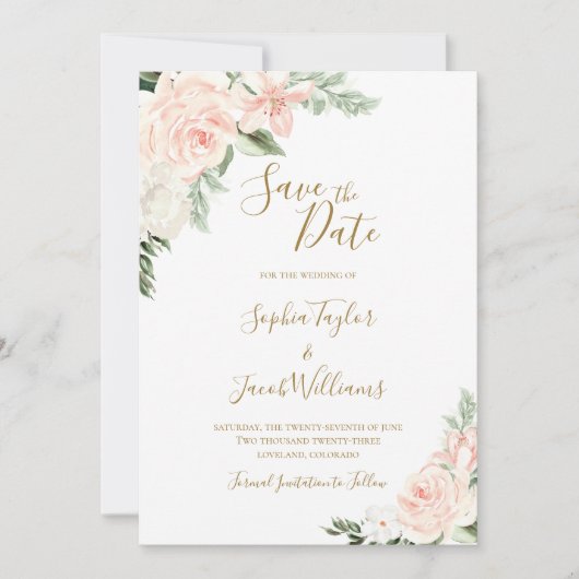 赤面ピンクと金ゴールド写真の結婚式の日付を保存 セーブザデート (正面)