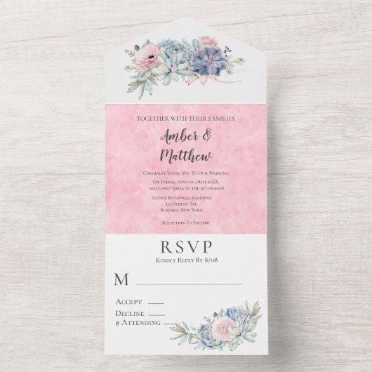 赤面ピンクと金ゴールド多肉株結婚の オールインワン招待状 (内側)