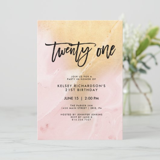赤面ピンクと金ゴールド大理石 | 21歳の誕生日パーティー 招待状 (スタンド正面)