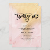 赤面ピンクと金ゴールド大理石 | 21歳の誕生日パーティー 招待状 (正面/裏面)