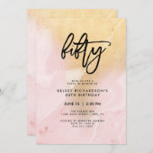 赤面ピンクと金ゴールド大理石 | 50歳の誕生日パーティー 招待状 (正面/裏面)