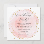 赤面ピンクと金ゴールド水彩バースデーパーティー 招待状 (正面)