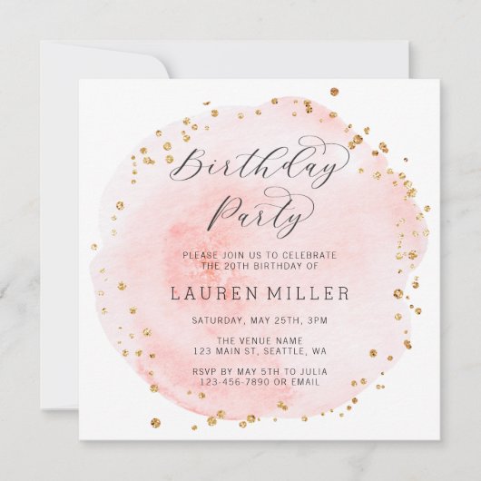 赤面ピンクと金ゴールド水彩バースデーパーティー 招待状 (正面)