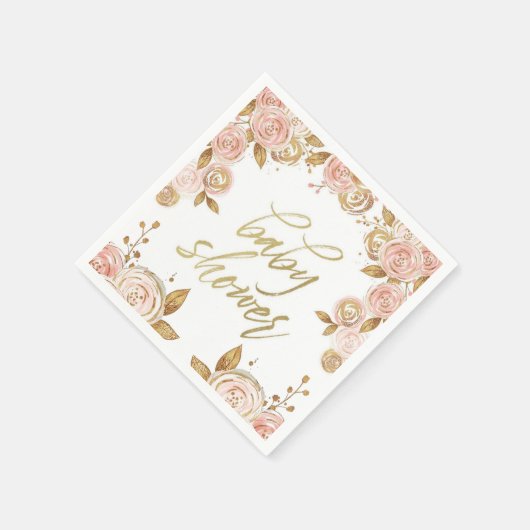 赤面ピンクと金ゴールド牡丹シックな女の子ベビーシャワー スタンダードカクテルナプキン (角)