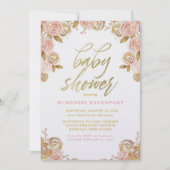赤面ピンクと金ゴールド牡丹シックな女の子ベビーシャワー 招待状 (正面)