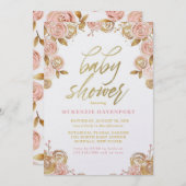 赤面ピンクと金ゴールド牡丹シックな女の子ベビーシャワー 招待状 (正面/裏面)