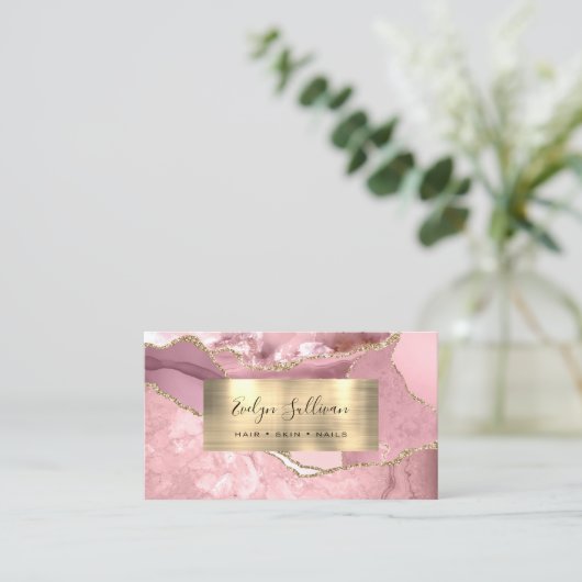 赤面ピンクと金ゴールド瑪瑙の名刺 名刺 (スタンド正面)
