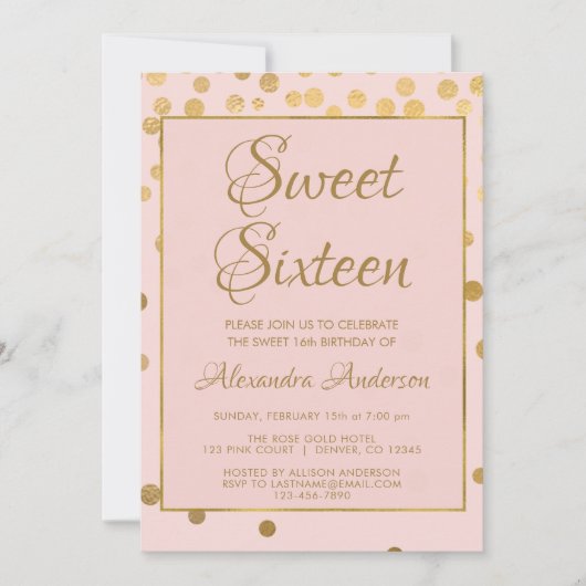 赤面ピンクと金ゴールド紙吹雪スウィート16誕生日 招待状 (正面)