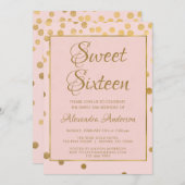 赤面ピンクと金ゴールド紙吹雪スウィート16誕生日 招待状 (正面/裏面)