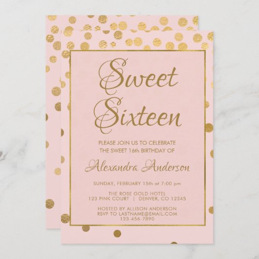 赤面ピンクと金ゴールド紙吹雪スウィート16誕生日 招待状 (正面/裏面)